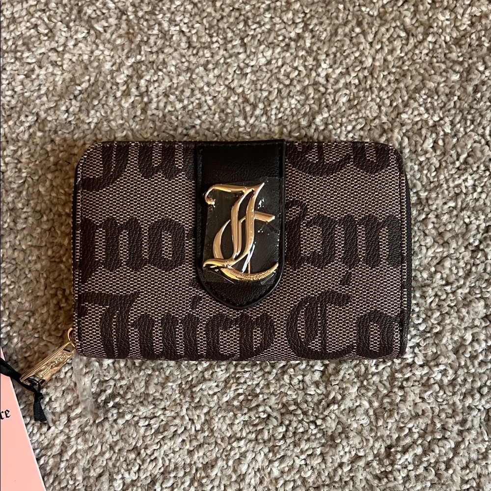 Juicy Couture Brown and Black Logo Snap Wallet with Gold J Emblem